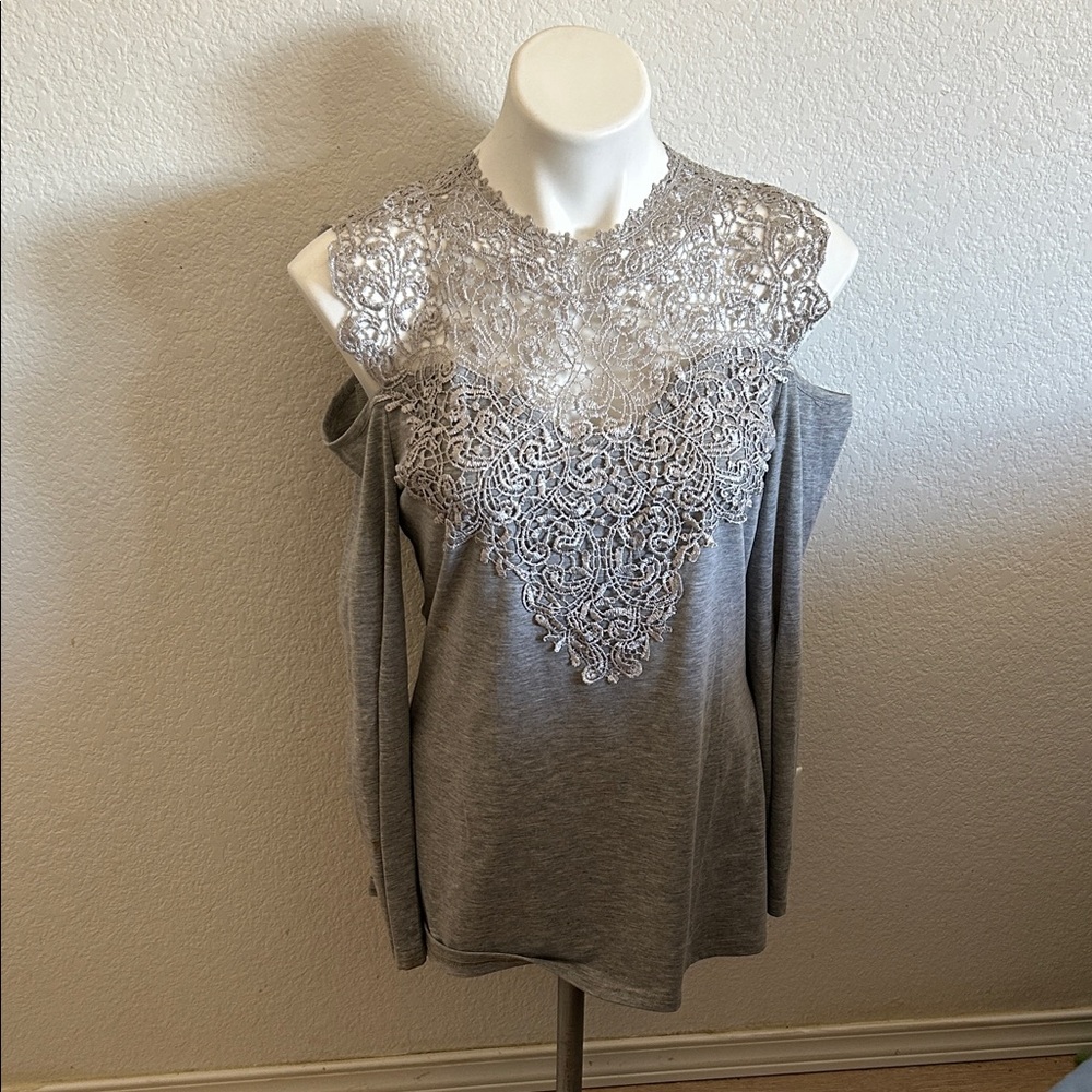YOINS Silver Lace Cold Shoulder Blouse
